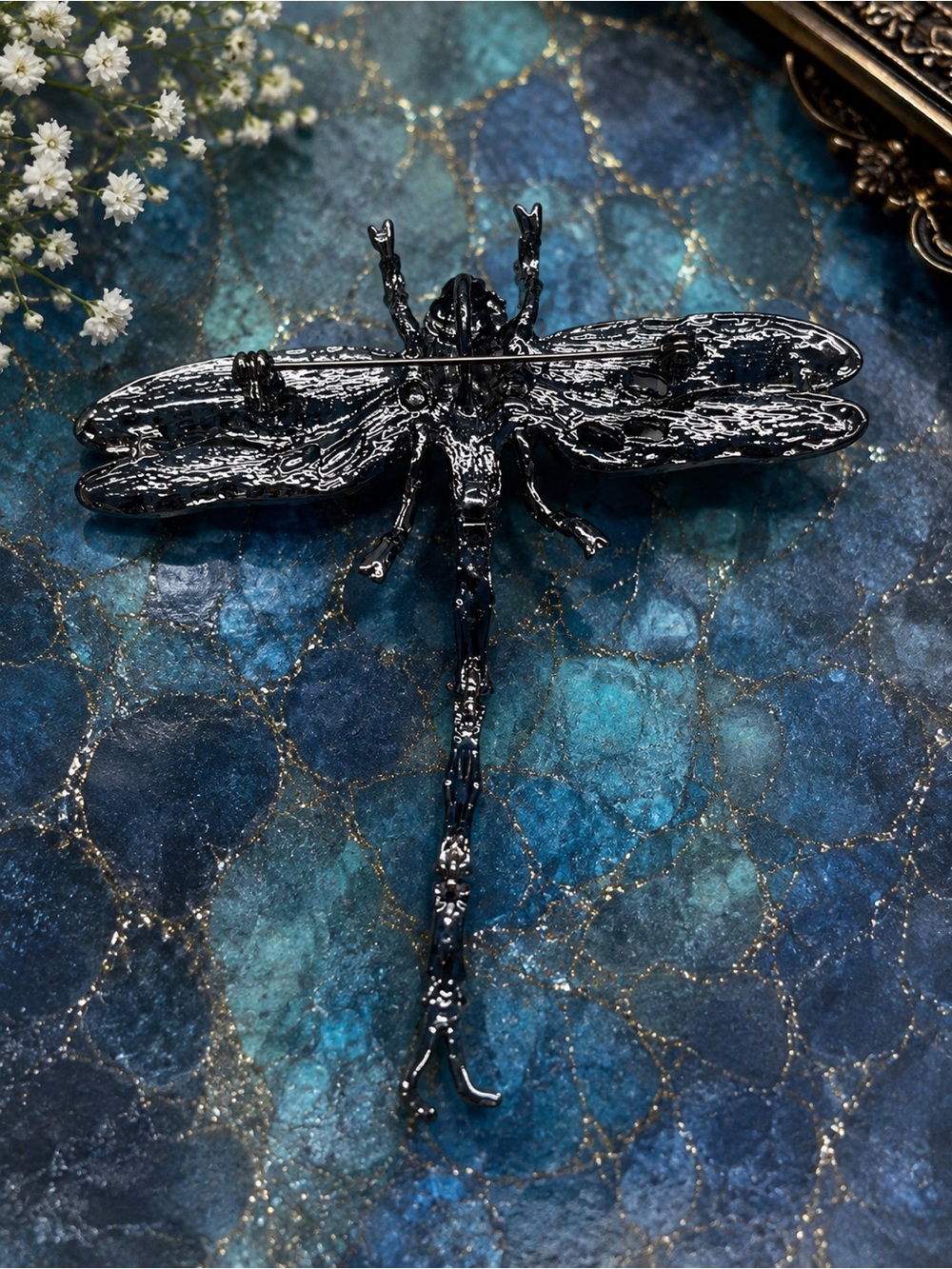 Large Articulated Dragonfly Brooch β Blue Rhinestone & Enamel Statement Pin - Picture 5 of 7